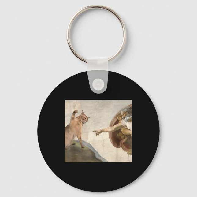 Funny Cat God Creation Of Adam Meme Jesus  Key Ring (Front)