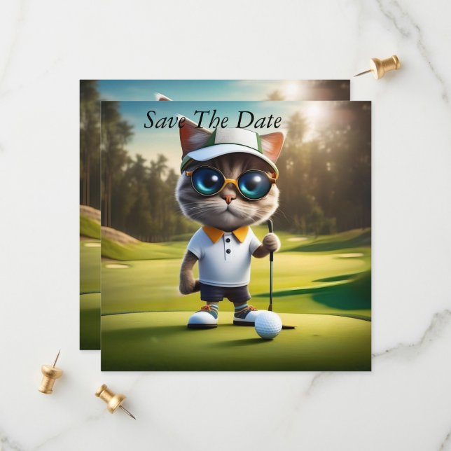 Funny Cat Golf Player, Save The Date (Front/Back In Situ)