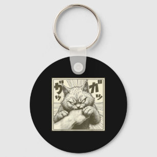 Funny Cat Graphic Tee Japanese Anime Cat Bite  Key Ring