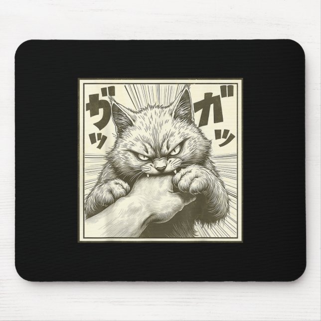 Funny Cat Graphic Tee Japanese Anime Cat Bite  Mouse Pad (Front)