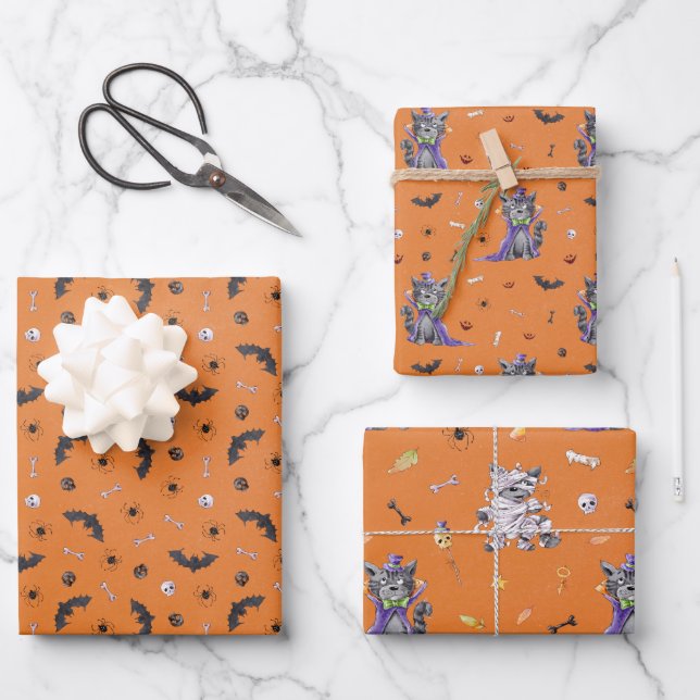 Funny Cat Halloween Wrapping Paper Sheet (Front)