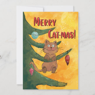 Funny Cat Hanging from a Branch of the Christmas Holiday Card