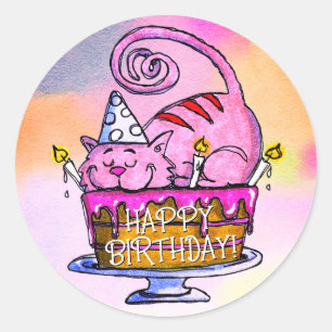 Funny Cat Happy Birthday Cake and Candles Classic Round Sticker