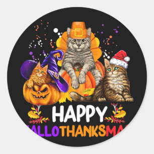 Funny Cat Happy Hallothanksmas Halloween Thanksgiv Classic Round Sticker