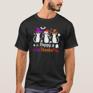 Funny Cat Happy Hallothanksmas Halloween Thanksgiv T-Shirt