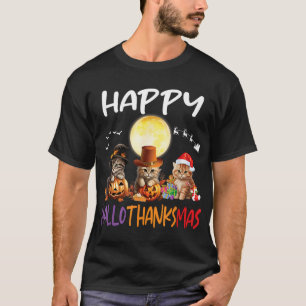 Funny Cat Happy Hallothanksmas Halloween Thanksgiv T-Shirt