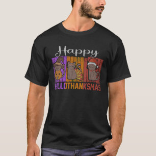 Funny Cat Happy Hallothanksmas Halloween Thanksgiv T-Shirt