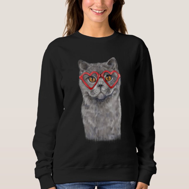 Funny Cat Heart Glasses Valentine's Day British Sh Sweatshirt (Front)
