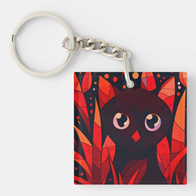 Funny Cat Hiding Behind Autumn's Leaves AnimeStyle Key Ring (Front)