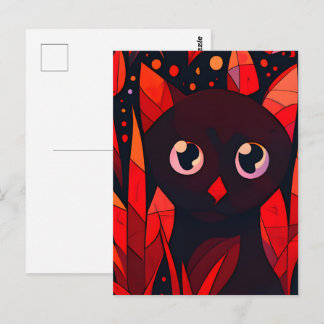 Funny Cat Hiding Behind Autumn's Leaves AnimeStyle Postcard