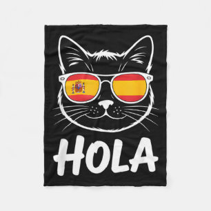 Funny Cat Hola Sunglasses Spanish Flag Women Men Fleece Blanket