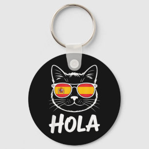 Funny Cat Hola Sunglasses Spanish Flag Women Men Key Ring