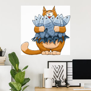 Funny Cat Holding Fish Cartoon Hungry Kitty Poster