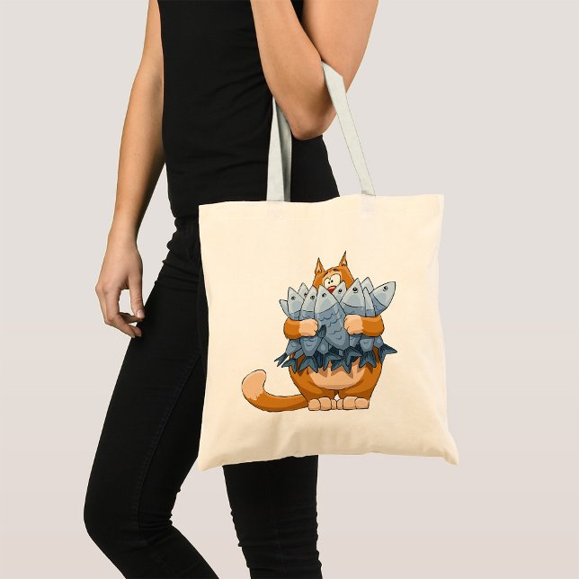 Funny Cat Holding Fish Cartoon Hungry Kitty Tote Bag (Creator Uploaded)