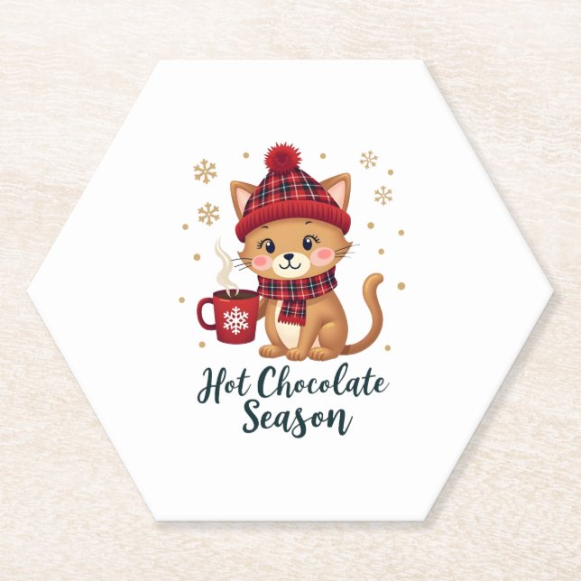 Funny Cat Hot Choco Season Merry Christmas Mum Dad Paper Coaster (Front)