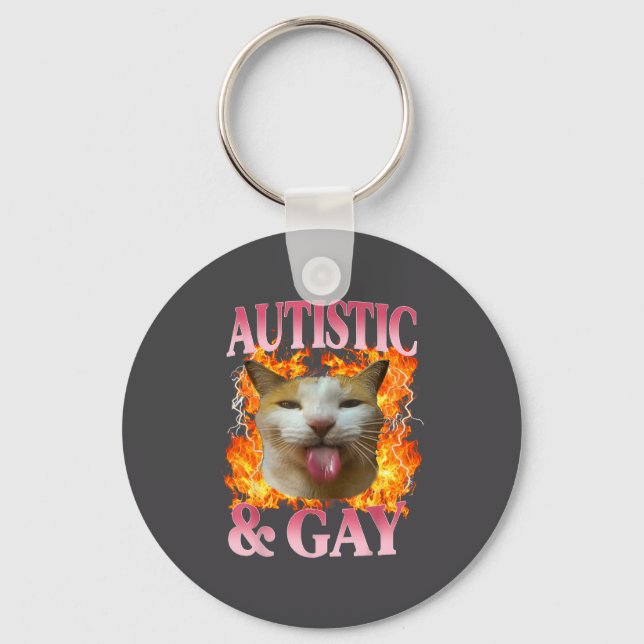 Funny Cat Humor Saying Autistic And Gay Cat Meme Q Key Ring (Front)