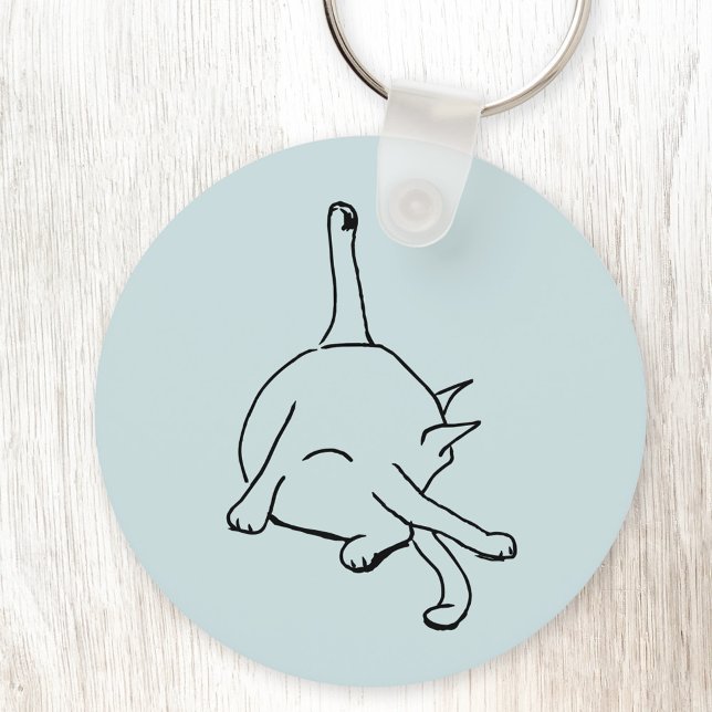 Funny Cat Humour Line Drawing Art Key Ring (Funny cat humor washing bottom or cat yoga keyring)