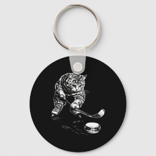Funny Cat Ice Hockey Graphic Key Ring