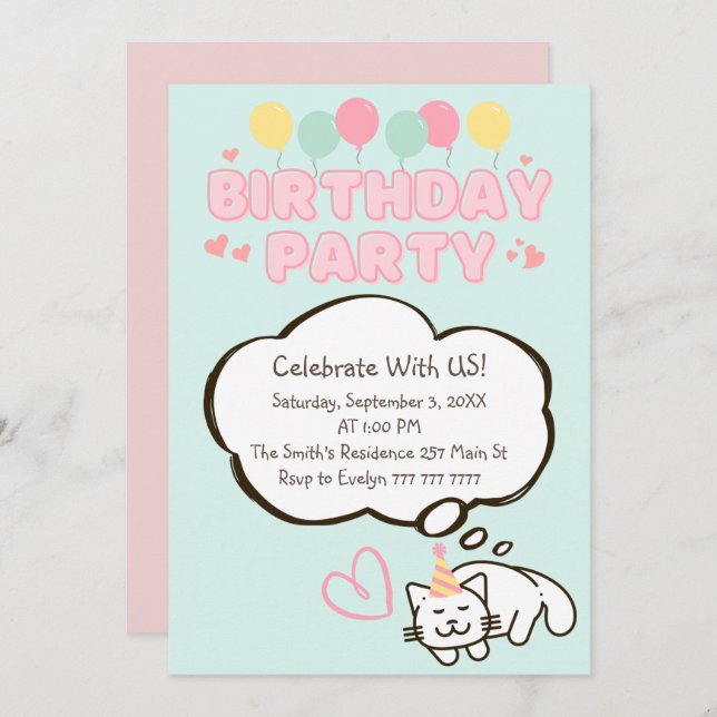 Funny Cat in a Hat Birthday Invitation  (Front/Back)