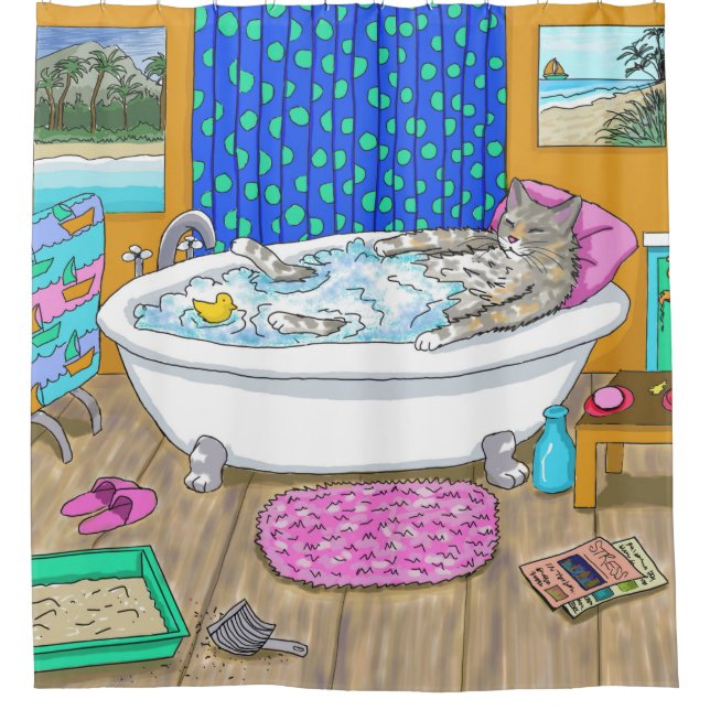 Funny Cat in Bath 665 Shower Curtain (Front)