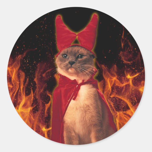 Funny Cat in Halloween Devil Costume Classic Round Sticker (Front)
