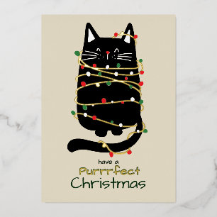 Funny Cat in Lights Purr fect Photo Chrismas Gold Foil Holiday Card