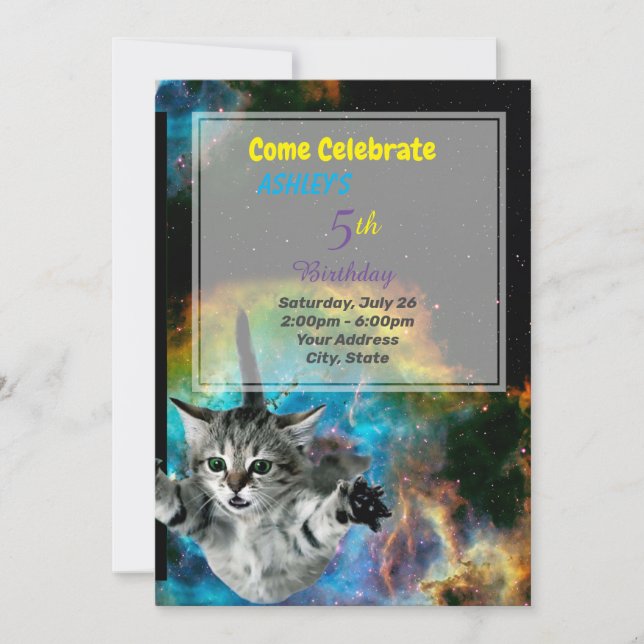 Funny Cat in Space Birthday Invitation (Front)