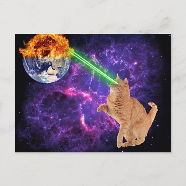 Funny Cat in Space Galaxy Laser Earth Postcard (Front)
