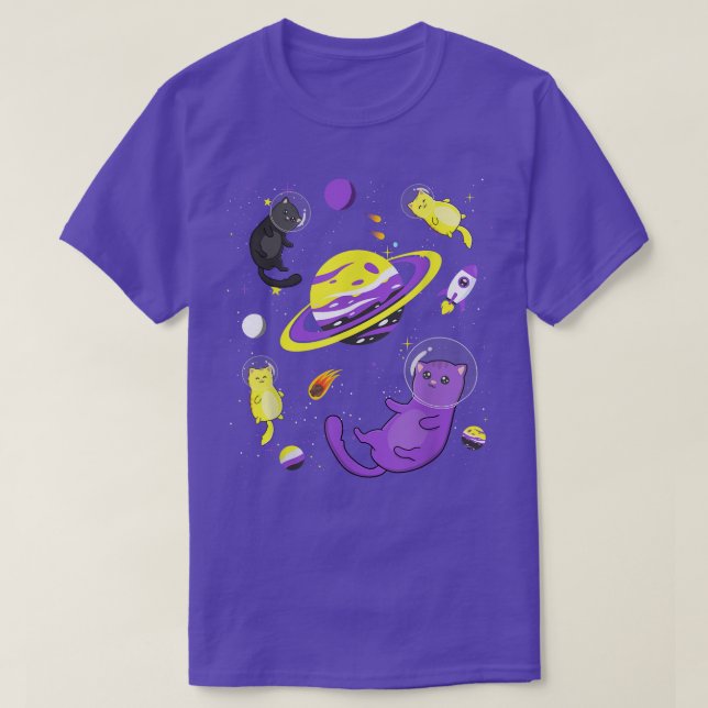 Funny Cat In Space NonBinary Flag Agender Genderqu T-Shirt (Design Front)