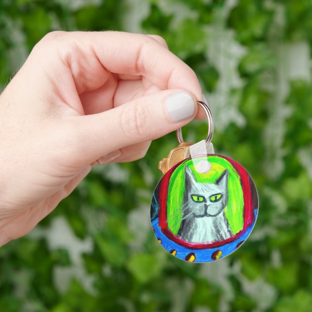 FUNNY CAT IN UFO CARTOON KEYCHAIN  (Hand)