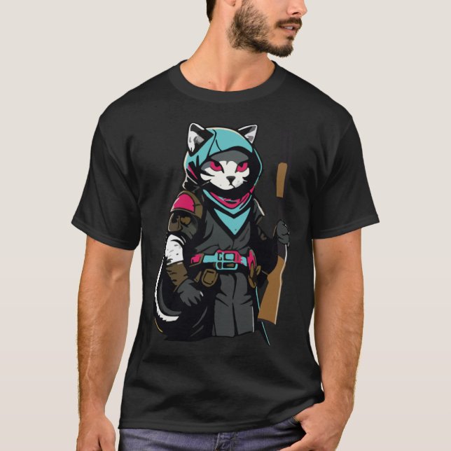 Funny Cat Kitty Pew Gun Meme Rifle Lover T-Shirt (Front)
