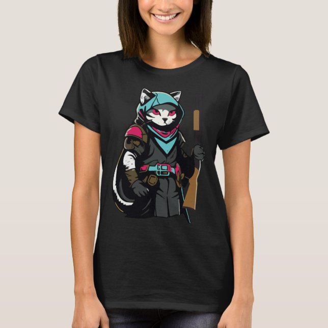 Funny Cat Kitty Pew Gun Meme Rifle Lover T-Shirt (Front)