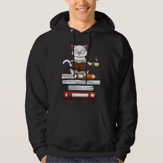 Funny Cat Kitty Reading Books Coffee Hoodie