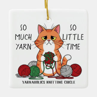 Funny Cat Knitting Group So Much Yarn Christmas Ceramic Ornament