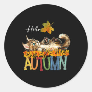 Funny Cat Leaf Fall Hello Autumn Cute Kitten Cat L Classic Round Sticker
