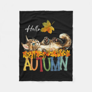 Funny Cat Leaf Fall Hello Autumn Cute Kitten Cat L Fleece Blanket