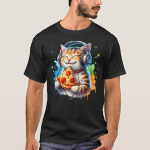Funny Cat Listening To Music And Eating Pizza. Cat T-Shirt