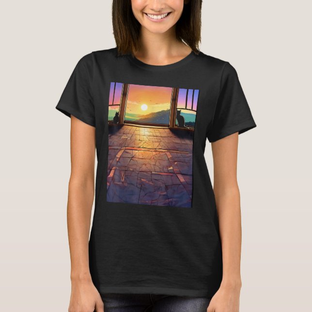 Funny Cat  long window with floor T-Shirt (Front)