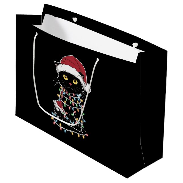 Funny Cat Lover Christmas Lights Large Gift Bag (Front Angled)