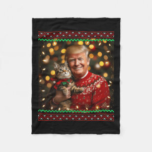 Funny Cat Lover Christmas Sweater Trump Ugly Chris Fleece Blanket