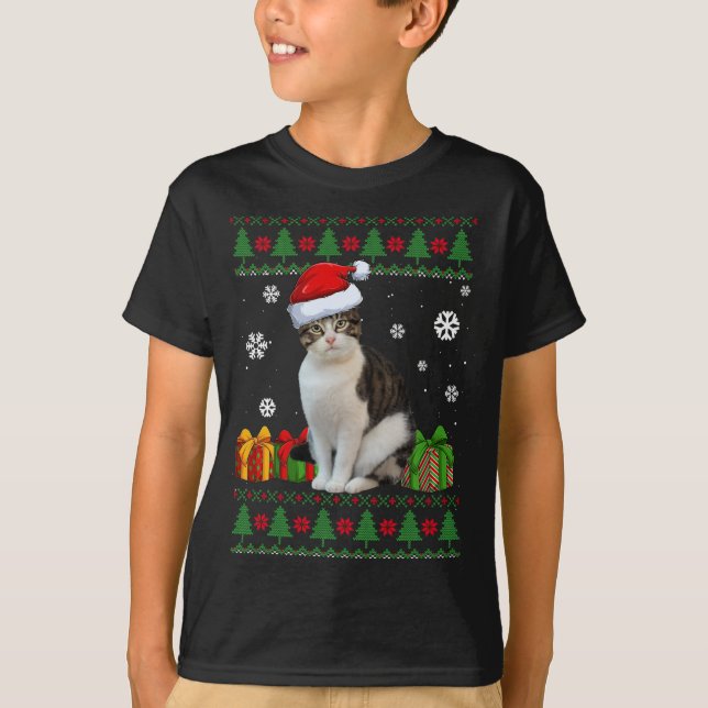 Funny Cat lovers Cute Cat Santa Hat Ugly Christmas T-Shirt (Front)
