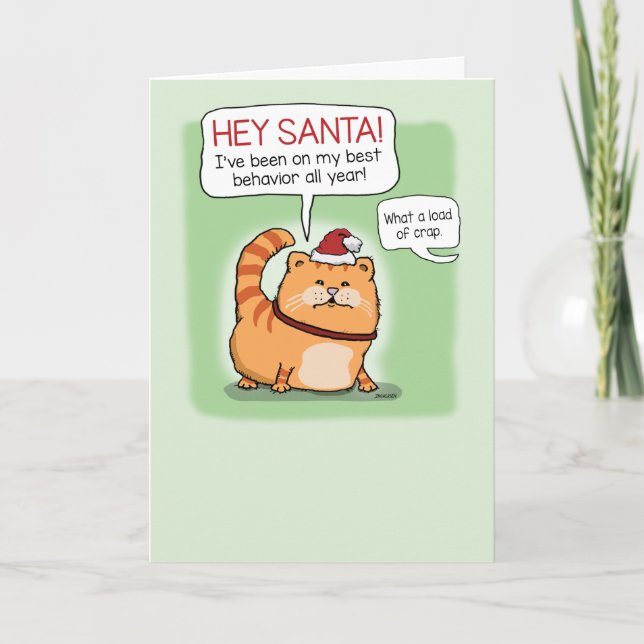 Funny Cat Lying to Santa Claus Christmas Card (Front)