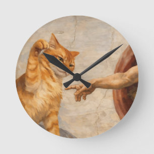 Funny Cat Meme Art Creation of Adam with Cat Sarca Round Clock