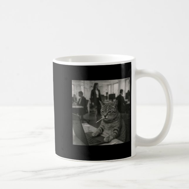 Funny Cat Meme Smoking Cigarette At Work Humour  Coffee Mug (Right)