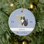 Funny Cat Menorah & Dreidel Happy Hanukkah Blue Ceramic Ornament<br><div class="desc">Decorate your Christmas tree with this cute,  Hanukkah theme ornament! Easily change the text by clicking on the "personalise this template" option.</div>