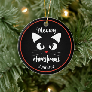 Funny Cat Meowy Christmas Personalised Ceramic Ornament