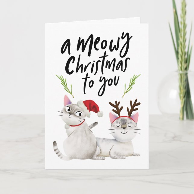 Funny Cat Meowy Christmas To You Holiday Card (Front)