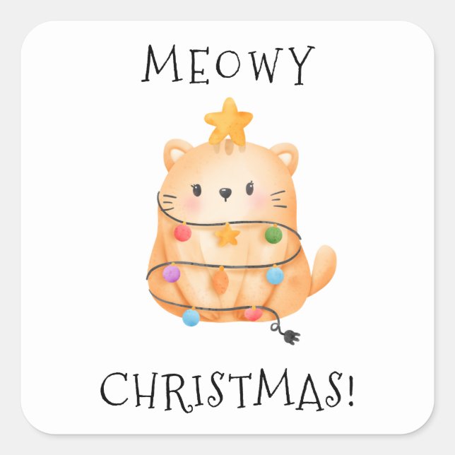 Funny Cat Meowy Christmas Tree Lights Watercolor Square Sticker (Front)