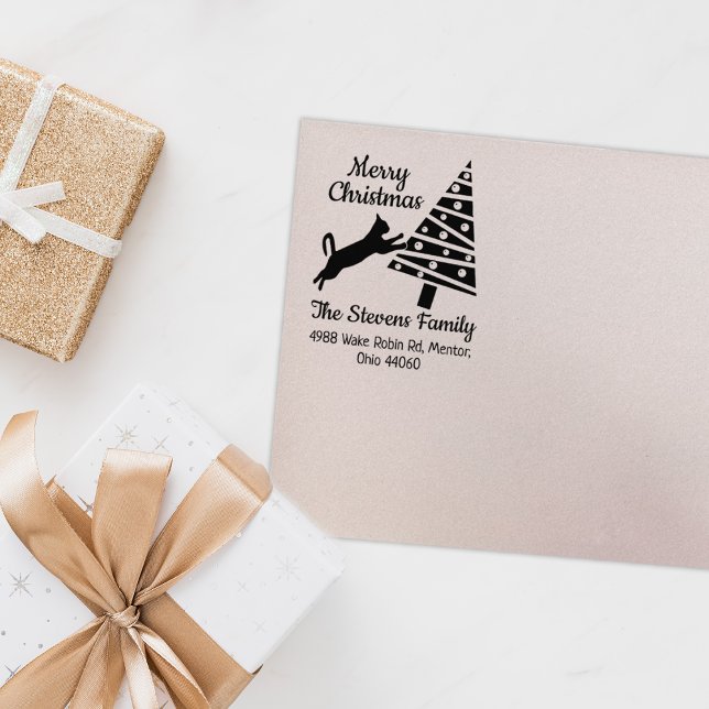 Funny Cat Merry Christmas Family Return Address Rubber Stamp (Creator Uploaded)