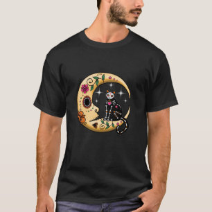 Funny Cat Moon Sugar Skull Dia de Los Muertos Day T-Shirt
